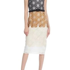 Badgley Mischka Tri-Colored Strapless Dress With Geometric Embroidered Print