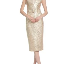 Badgley Mischka Gold Sequined Sheath Dress With Belt And Standup Collar