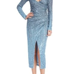Badgley Mischka Ombre Sequined Long Sleeve Cocktail Dress