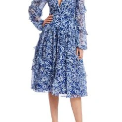 Badgley Mischka Floral Deep-V Party Dress