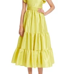 Badgley Mischka Ruffled Shoulder Dress With Tiered Skirt