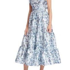 Badgley Mischka Floral Print Ruffled Shoulder Dress With Tiered Skirt