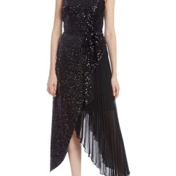 Badgley Mischka Black Sequin Pleated Cocktail Dress