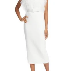 Badgley Mischka Feather Belted Midi Dress